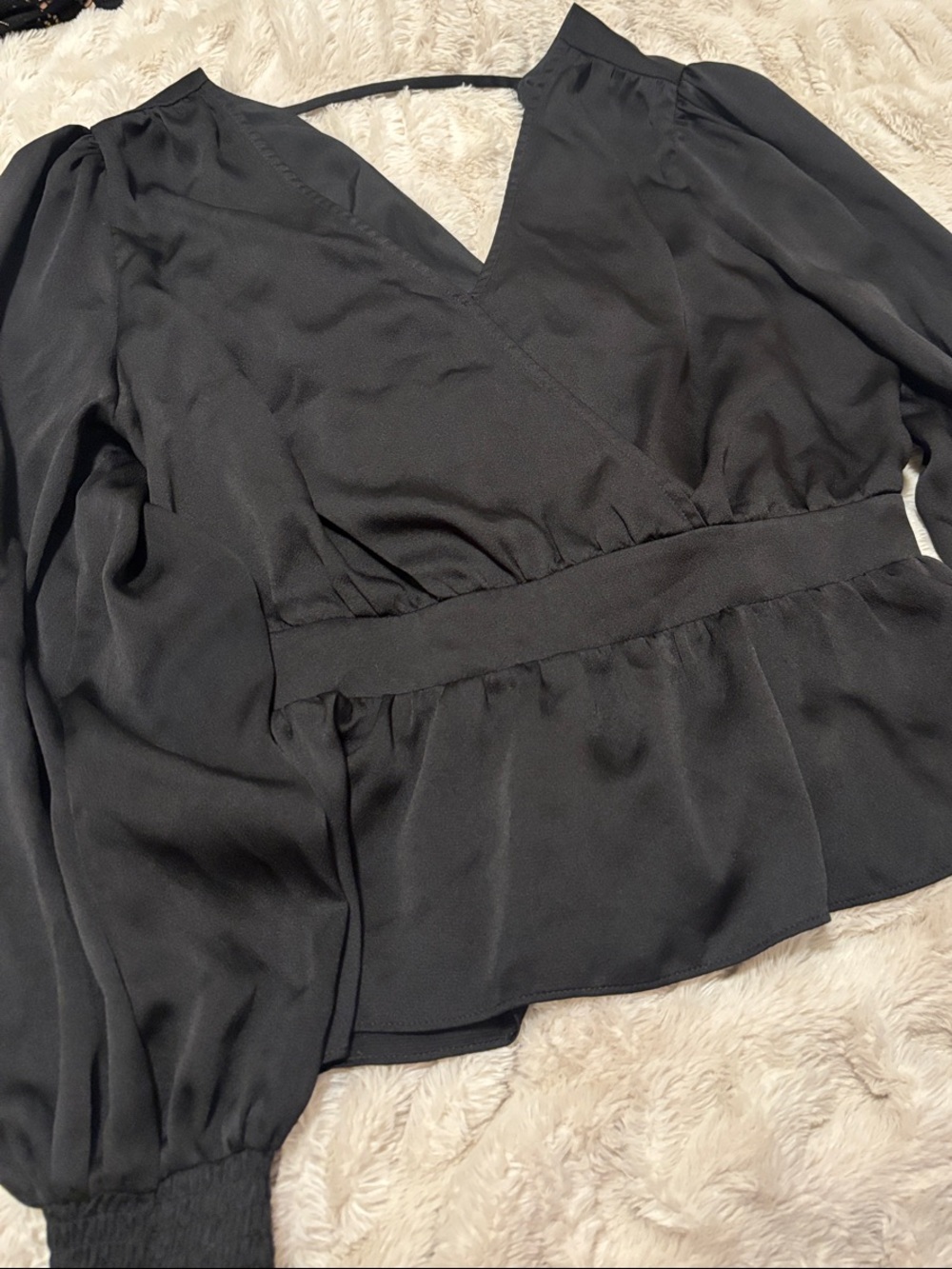 Express Black V-Neck Peplum Blouse with Puff Sleeves